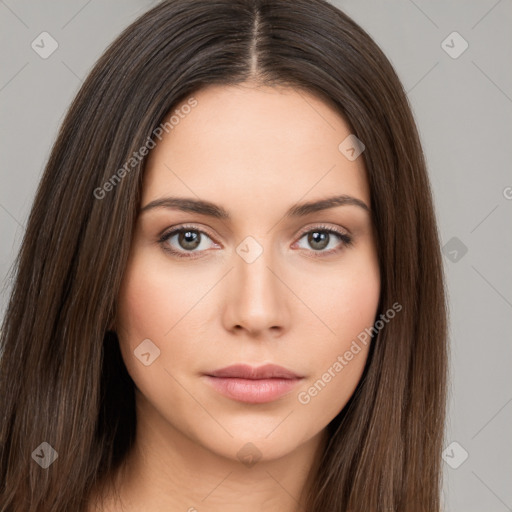 Neutral white young-adult female with long  brown hair and brown eyes