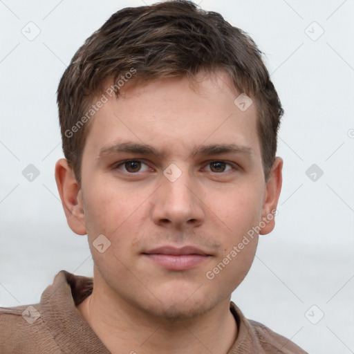 Neutral white young-adult male with short  brown hair and grey eyes