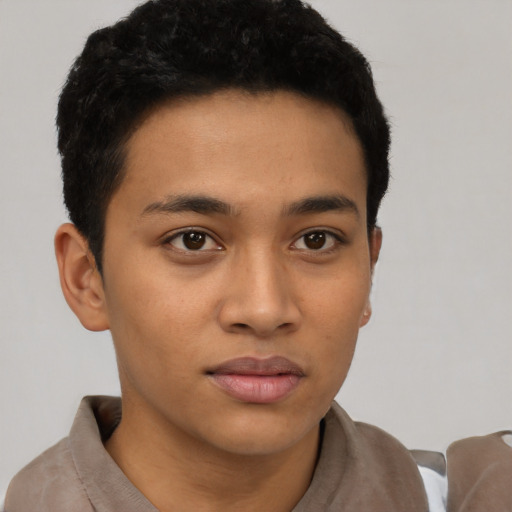 Neutral latino young-adult male with short  brown hair and brown eyes