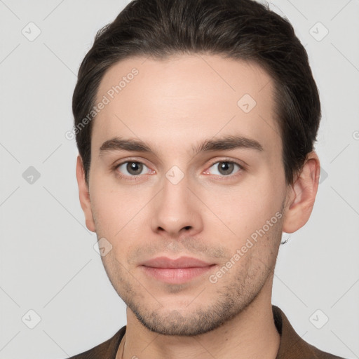 Neutral white young-adult male with short  brown hair and brown eyes