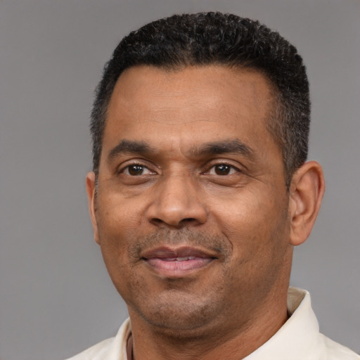 Neutral black adult male with short  black hair and brown eyes