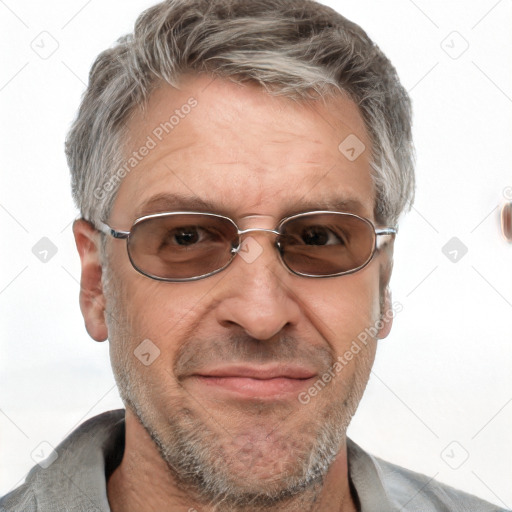 Joyful white middle-aged male with short  brown hair and brown eyes