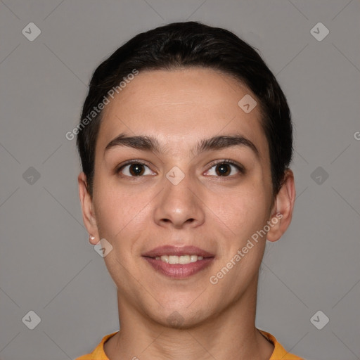 Joyful white young-adult female with short  brown hair and brown eyes