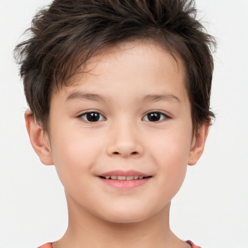 Joyful white child female with short  brown hair and brown eyes