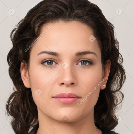 Neutral white young-adult female with medium  brown hair and brown eyes