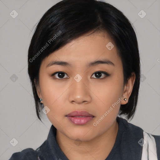 Neutral asian young-adult female with medium  black hair and brown eyes