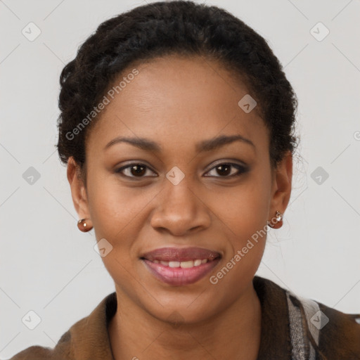 Joyful latino young-adult female with short  brown hair and brown eyes