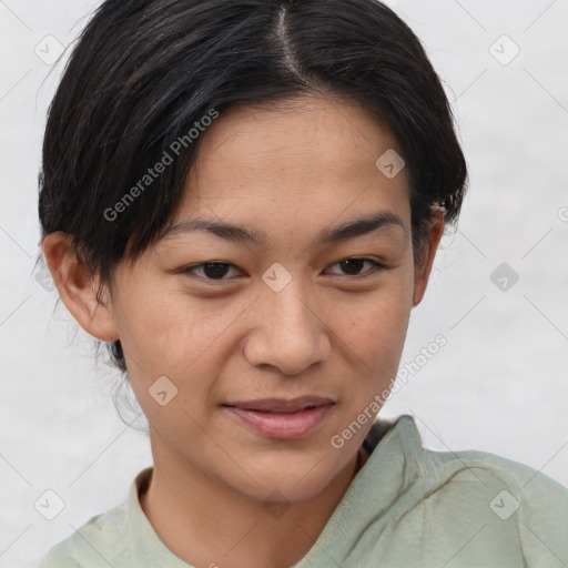 Joyful asian young-adult female with short  brown hair and brown eyes