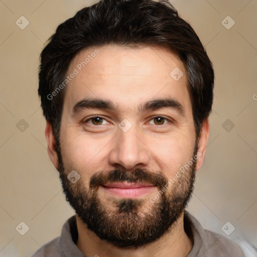 Joyful white young-adult male with short  black hair and brown eyes