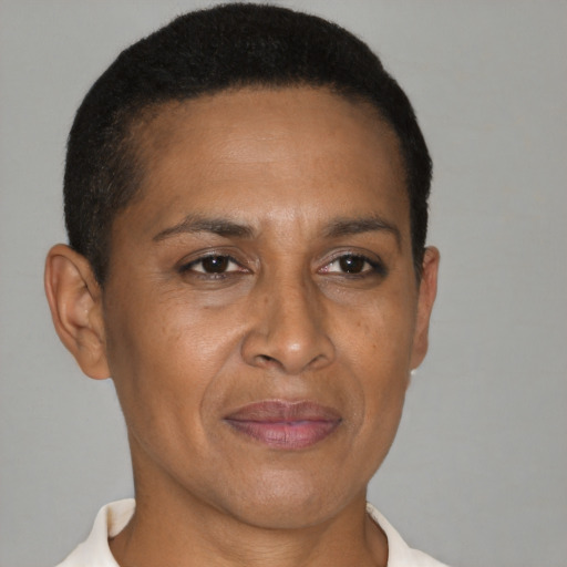 Joyful black adult female with short  brown hair and brown eyes