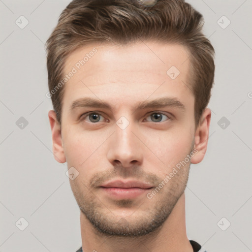 Neutral white young-adult male with short  brown hair and grey eyes