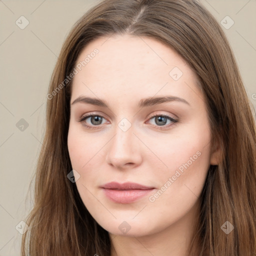 Neutral white young-adult female with long  brown hair and grey eyes