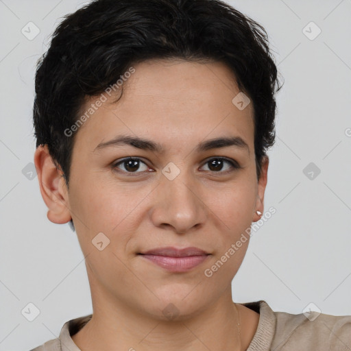 Joyful white young-adult female with short  brown hair and brown eyes