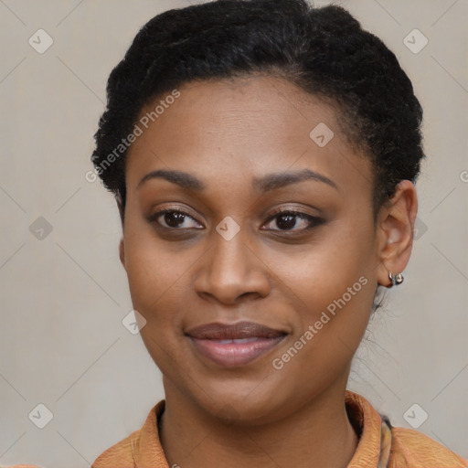 Joyful latino young-adult female with short  brown hair and brown eyes