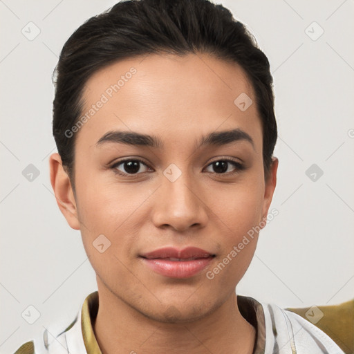 Joyful white young-adult female with short  brown hair and brown eyes