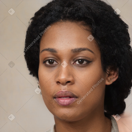 Neutral black young-adult female with short  black hair and brown eyes