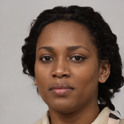 Neutral black young-adult female with medium  black hair and brown eyes