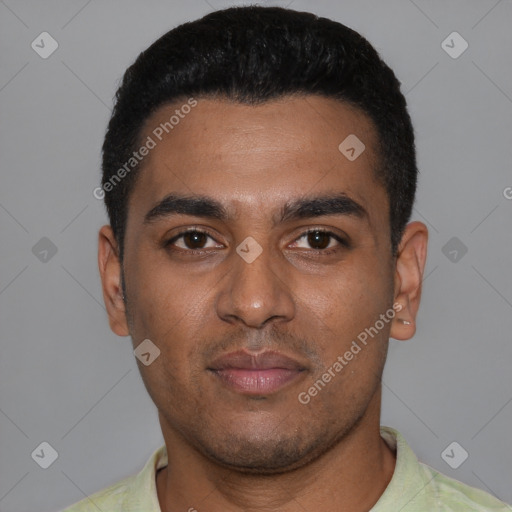 Neutral black young-adult male with short  black hair and brown eyes