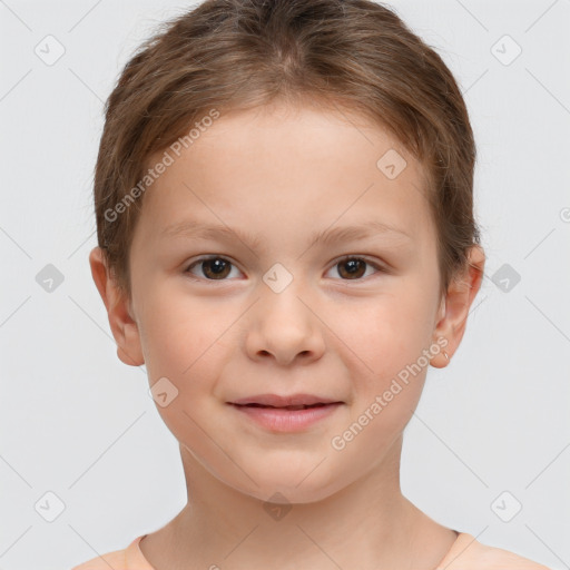 Joyful white child female with short  brown hair and brown eyes