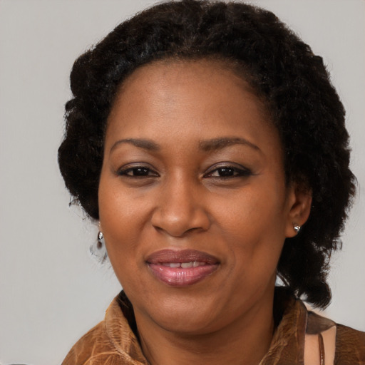 Joyful black adult female with long  brown hair and brown eyes