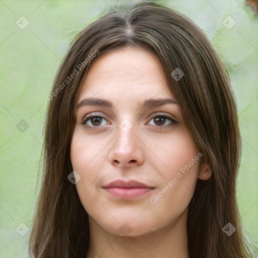 Neutral white young-adult female with long  brown hair and brown eyes