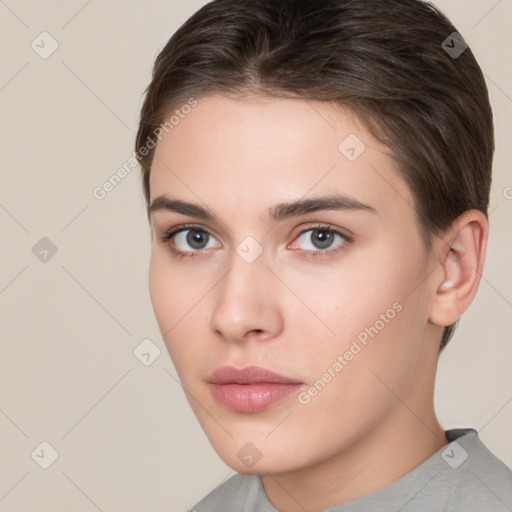 Neutral white young-adult female with short  brown hair and brown eyes