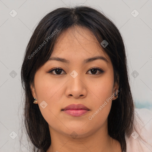 Neutral asian young-adult female with medium  brown hair and brown eyes