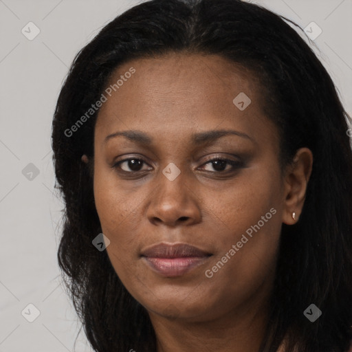 Joyful black young-adult female with long  black hair and brown eyes