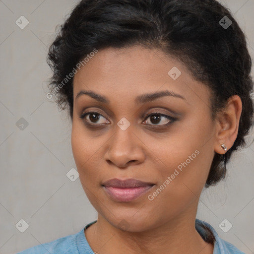 Joyful black young-adult female with medium  brown hair and brown eyes