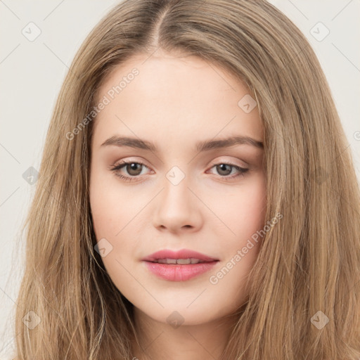 Neutral white young-adult female with long  brown hair and brown eyes