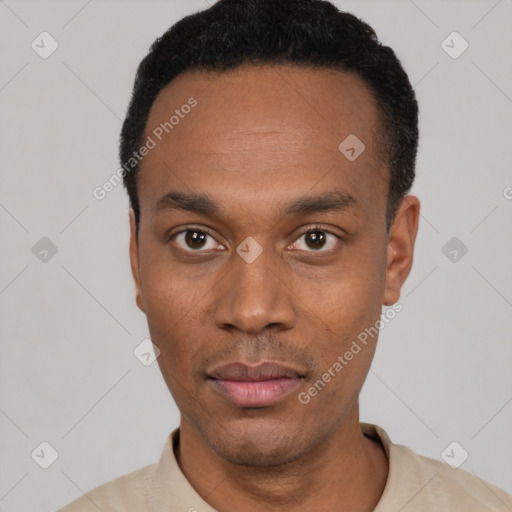 Neutral black young-adult male with short  black hair and brown eyes