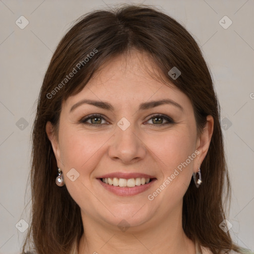 Joyful white young-adult female with long  brown hair and grey eyes