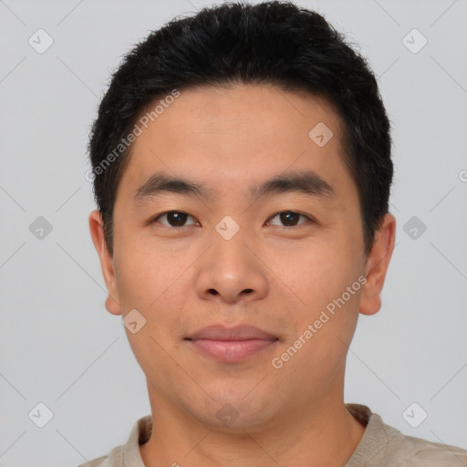 Neutral asian young-adult male with short  black hair and brown eyes