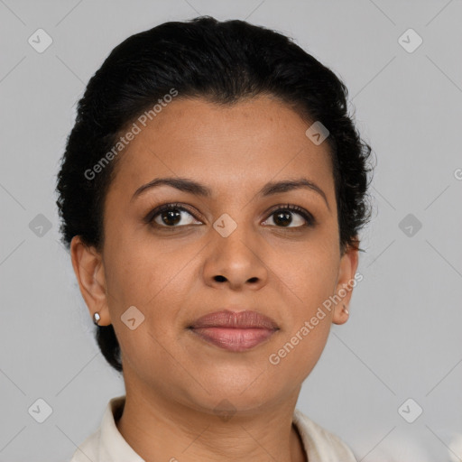 Joyful latino young-adult female with short  brown hair and brown eyes