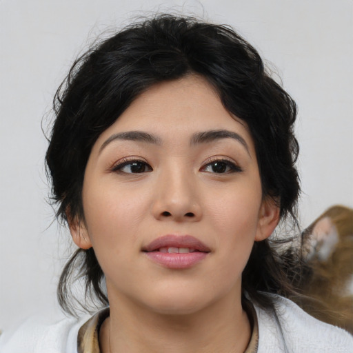 Neutral asian young-adult female with medium  black hair and brown eyes