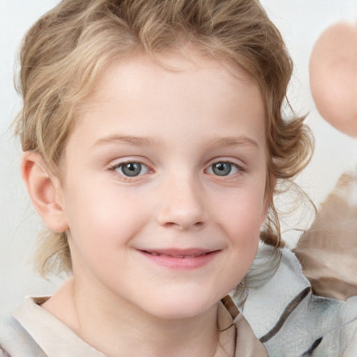 Joyful white child female with medium  blond hair and blue eyes