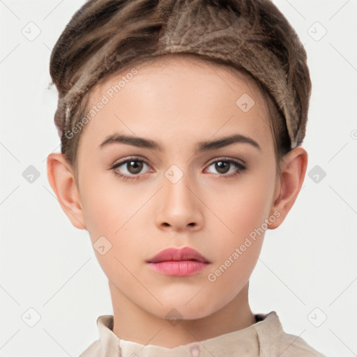 Neutral white young-adult female with short  brown hair and brown eyes