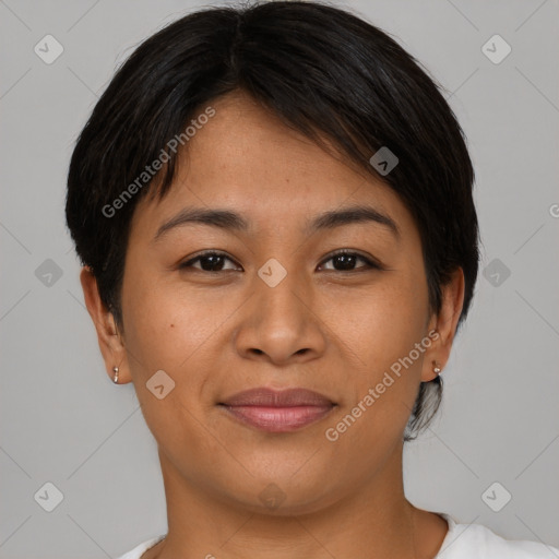 Joyful asian young-adult female with short  brown hair and brown eyes