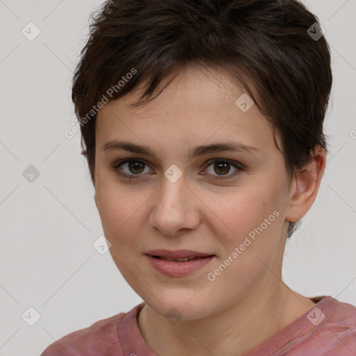 Joyful white young-adult female with short  brown hair and brown eyes