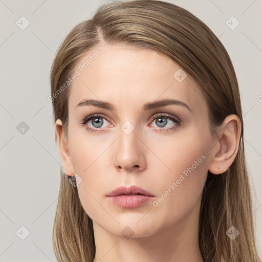 Neutral white young-adult female with long  brown hair and grey eyes