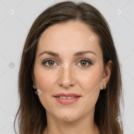 Joyful white young-adult female with long  brown hair and grey eyes