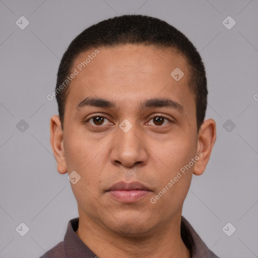 Neutral latino young-adult male with short  black hair and brown eyes