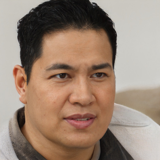 Joyful latino adult male with short  brown hair and brown eyes