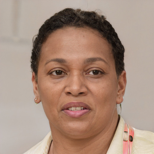 Joyful latino adult female with short  brown hair and brown eyes