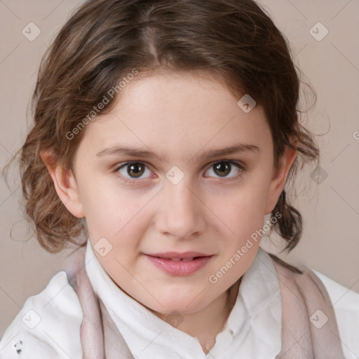 Joyful white child female with medium  brown hair and brown eyes