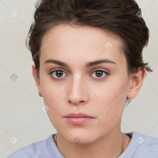 Neutral white young-adult female with short  brown hair and brown eyes