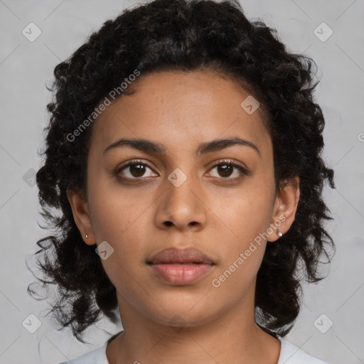 Neutral black young-adult female with medium  brown hair and brown eyes