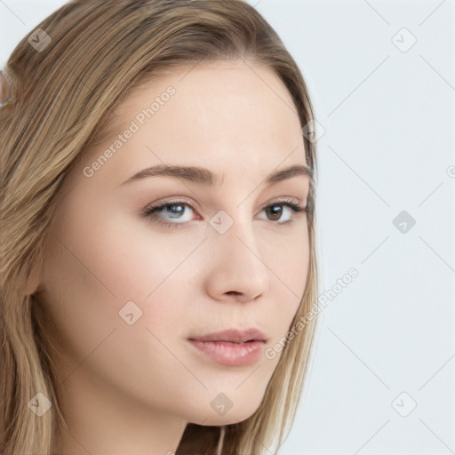 Neutral white young-adult female with long  brown hair and grey eyes