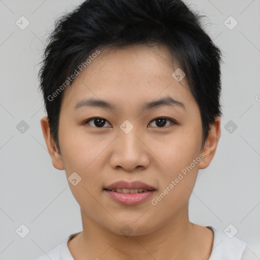 Joyful asian young-adult female with short  brown hair and brown eyes