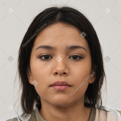 Neutral asian young-adult female with medium  brown hair and brown eyes